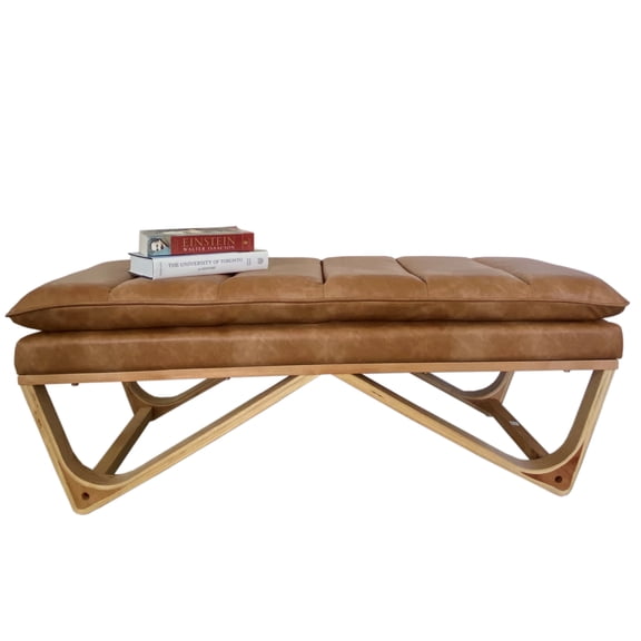 Brown Distressed PU Upholstered Pillow Cushion Top 48" Hendraheim Ottoman Bench