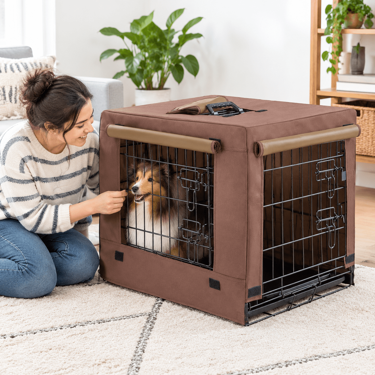 Brown Dog Crate for Large Dogs, 42.0"L x 28.0"W x 31.0"H, Indoor Double ...