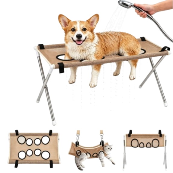 Brown Dog Grooming Hammock Stand,Dog Shower Chair | Pet Washing Station, Ear Cleaning, Bathing Use, Foldable Design, Secure Strap,Heavy-Duty Pet Bath for Small & Medium Dogs, Home Salon Grooming