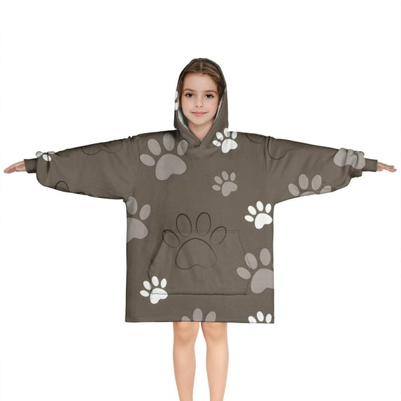 Brown Dog Paw Footprint Blanket Hoodies for Kids 6-13YR Oversize Wearable Blanket Hoodies for Boys Girls Teens