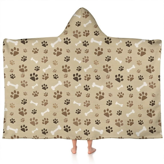 Brown Dog Paw Footprint Bone Hooded Bath Towel,60"x35" for Ages 3 To 12 Kids, Quick Dry Lightweight Soft Microfiber Hood Beach Towel Cover Up for Kids
