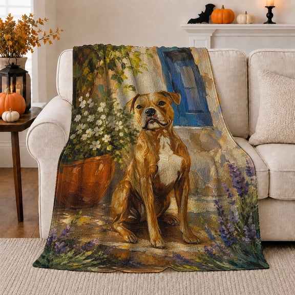 Brown Dog beside Garden Door and Flowers, Serene Cottagecore Style for Dog Lovers, Sunny Patio Pet Portrait and Housewarming Gift, Cozy Flannel Blanket for Living Room and Bedroom, Home Decor