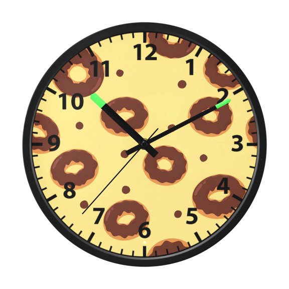Brown Donut Pattern Wall Clock 12 Inch Voice Activated Night Light Silent Non Ticking