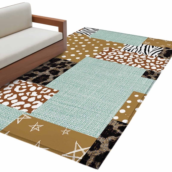 Brown Dots Leopard Area Rug 4x6 Washable Rug Non Slip Zebra Teal Linen Patchwork Large Area Rug Indoor Floor Carpet for Entryway Bedroom Kitchen Living Room Home Office Dining Room Nursery