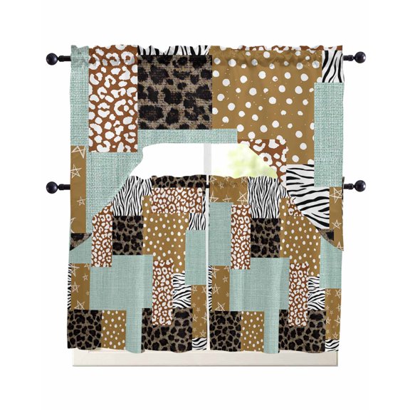 Brown Dots Leopard Kitchen Curtains Sets 36 Inch Length with Valance, Zebra Teal Linen Patchwork Swag Valances and Tiers Curtain Set Drapes Swag Curtains for Living Room, Bathroom, Bedroom, Cafe