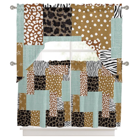 Brown Dots Leopard Kitchen Curtains Swag Valance and Tier Curtains Set 36 Inch Length, Zebra Teal Linen Patchwork Rod Pocket Drape Panels Pair Swag Curtains for Bathroom/Cafe/Window