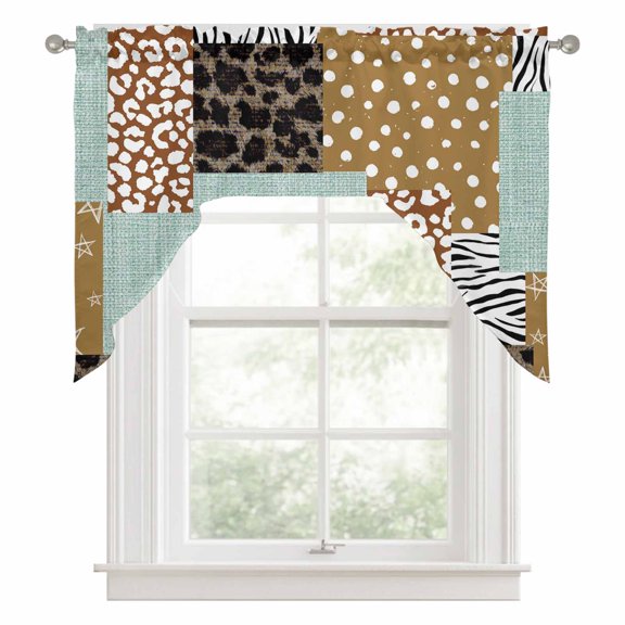 Brown Dots Leopard Kitchen Curtains Swag Valance for Windows/Bathroom/Cafe, Zebra Teal Linen Patchwork Rod Pocket Drape Panel Swag Curtains Valance for Bedroom/Living Room 56"x36"