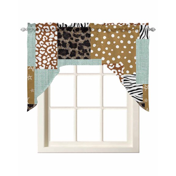 Brown Dots Leopard Kitchen Swag Valances for Windows, Zebra Teal Linen Patchwork Swag Valances Curtains for Living Room, Rod Pocket Window Treatments for Bathroom, Bedroom, Cafe, 56"x36"