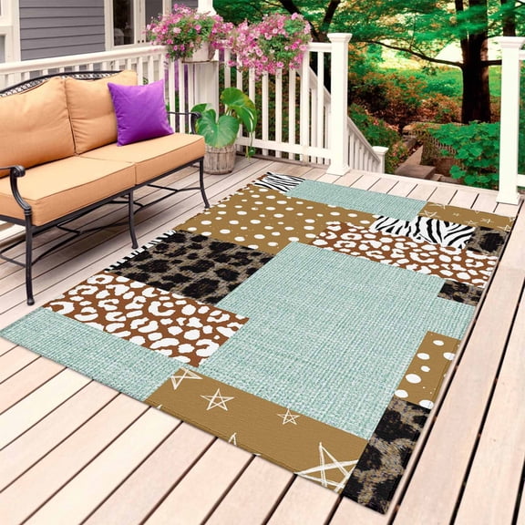 Brown Dots Leopard Outdoor Rug 4x6 Ft, Non Slip Washable Area Rug, Zebra Teal Linen Patchwork Patio Rugs Carpet Runner, Large Floor Mat for Indoor/Outdoor Deck Porch Camping
