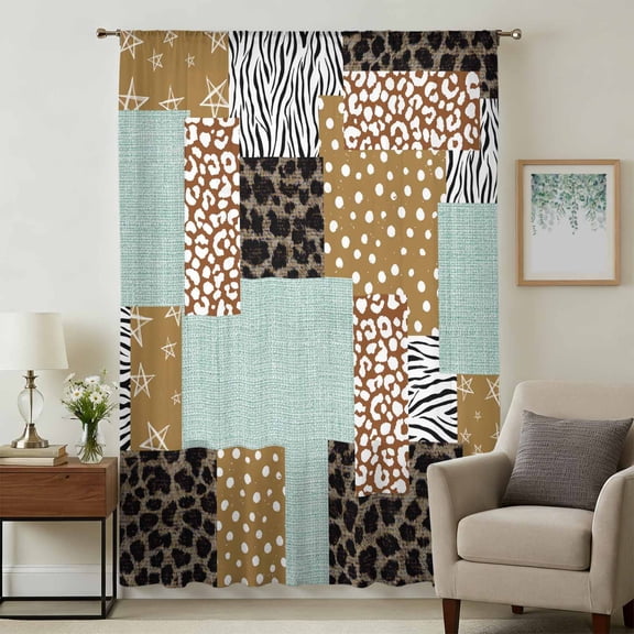 Brown Dots Leopard Sheer Curtains 45 Inches Long, Zebra Teal Linen Patchwork Light Filering Curtains, Breathable Simi Curtain Privacy Drapes for Kitchen Bathroom Lightweight Small Window Treatment