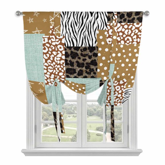 Brown Dots Leopard Tie Up Curtains for Window, Thermal Insulated Balloon Shade Adjustable Rod Pocket Curtains Valance Panels for Kitchen Bathroom Cafe 34 x 45 Zebra Teal Linen Patchwork