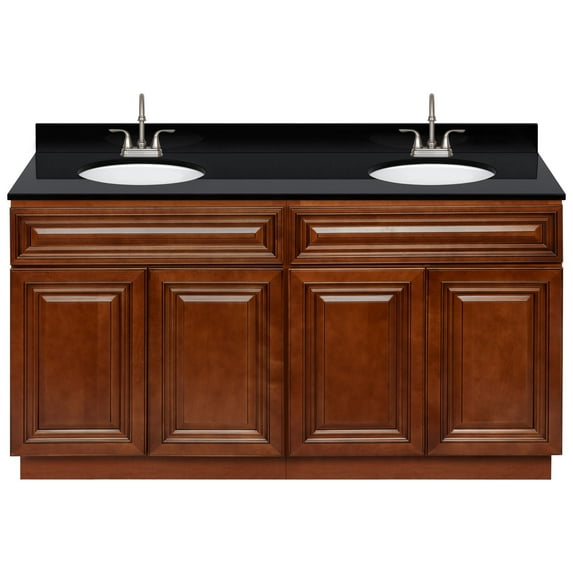 Brown Double Bathroom Vanity 60", Absolute Black Granite Top, Faucet LB6B