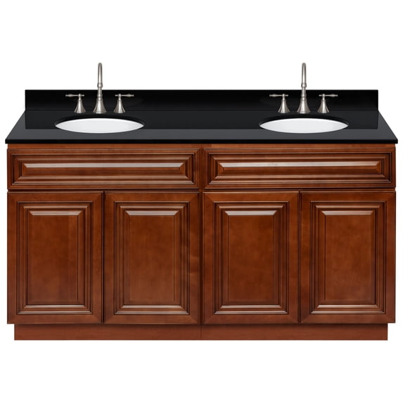 Brown Double Bathroom Vanity 60", Absolute Black Granite Top, Faucet LB7B