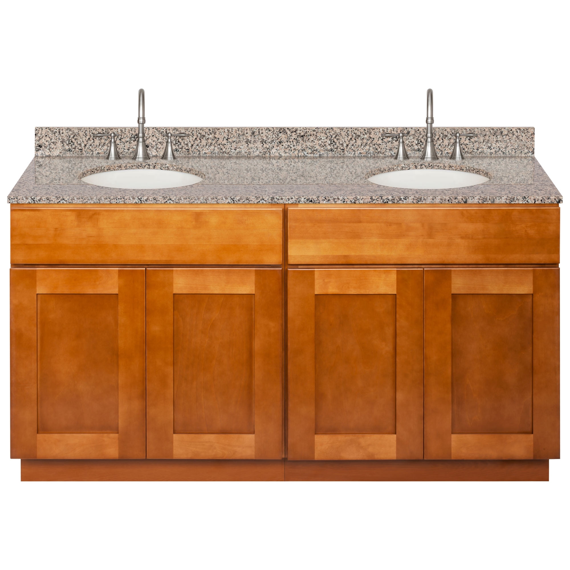 Brown Double Bathroom Vanity 60", Burlywood Granite Top, Faucet LB7B