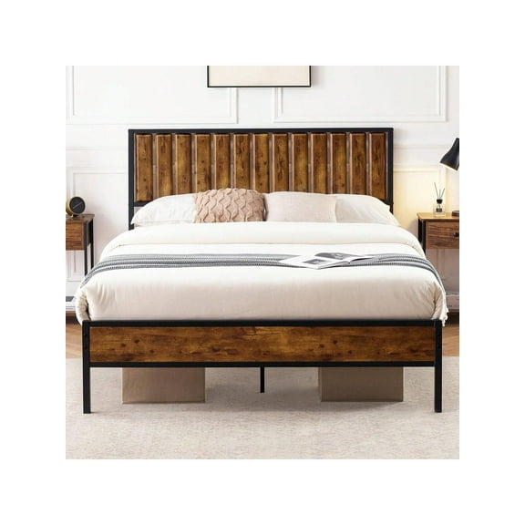 Brown Double bed Full Bed Frame With Headboard, 14 Inch Platform Metal Bed Frame, Noise-Free, No Box Spring Needed, Rustic Brown (Full)