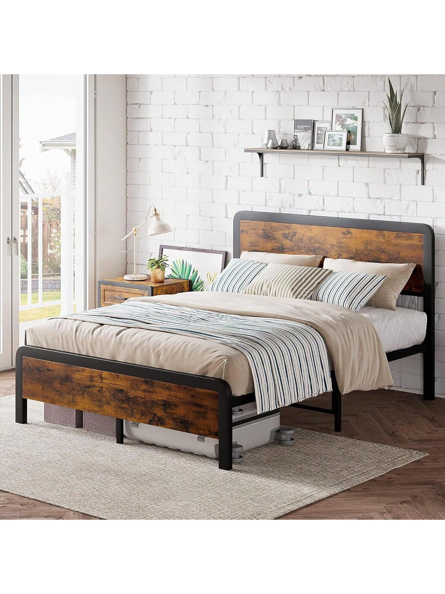 Curated visual reference: Brown Double Bed Queen Wooden Bed Frame With Rustic Vintage Photo Inspiration