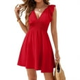 thumbnail image 1 of Brown Dress Pants Women, Mini Tank Dress High Waisted V Neck Flutter Sleeve Pleated Patchwork Midi Sundress Beach Wedding Guest Cocktail Party Boho Dress For Dress (L, Red) ZMTing, 1 of 5