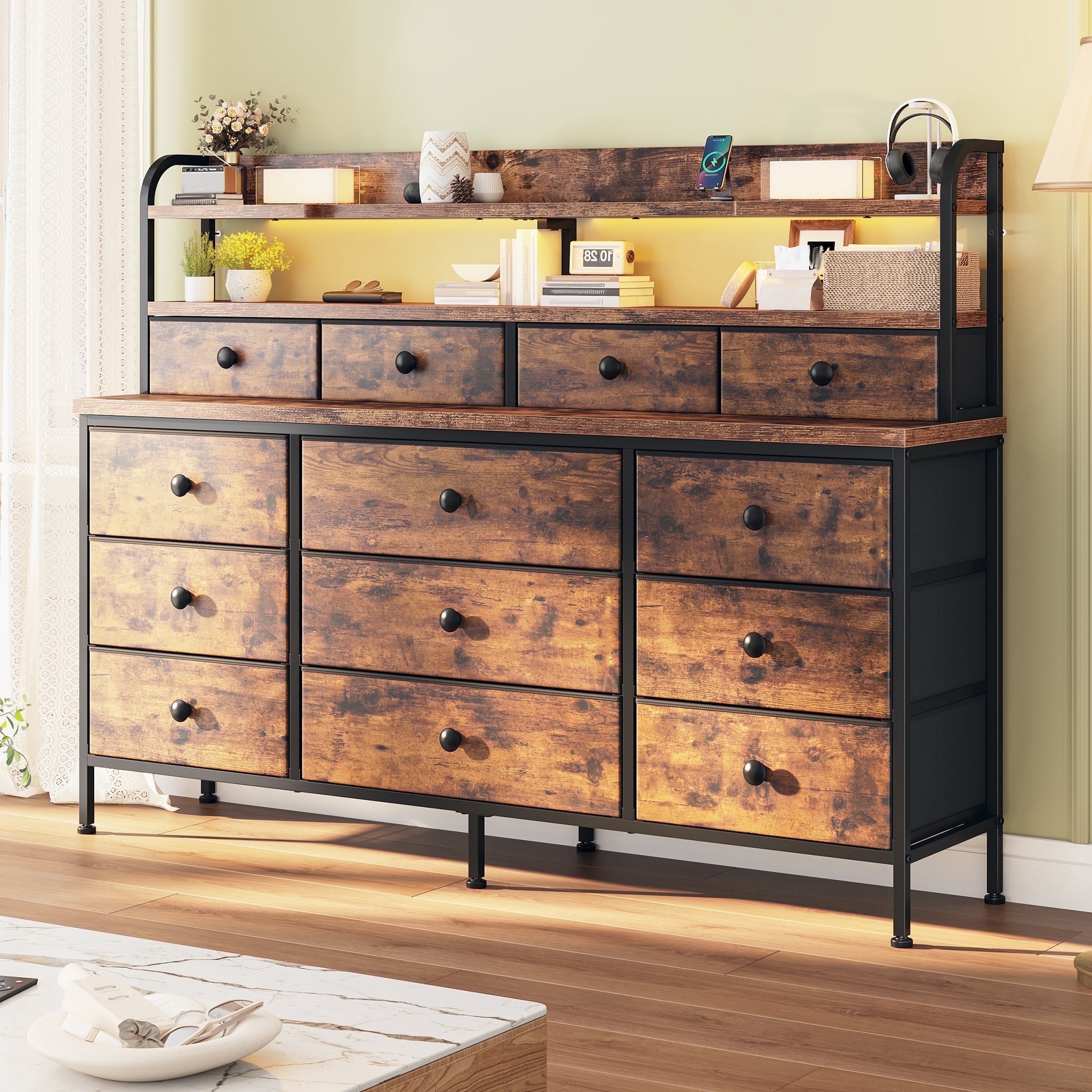 Brown Dresser for Bedroom Long Dresser with 13 Fabric Drawers with ...