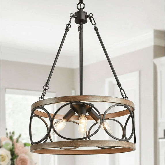 Brown Drum Chandelier, 4-Light Black Cage Farmhouse Chandelier Dining Room Pendant Light with Wood Accents