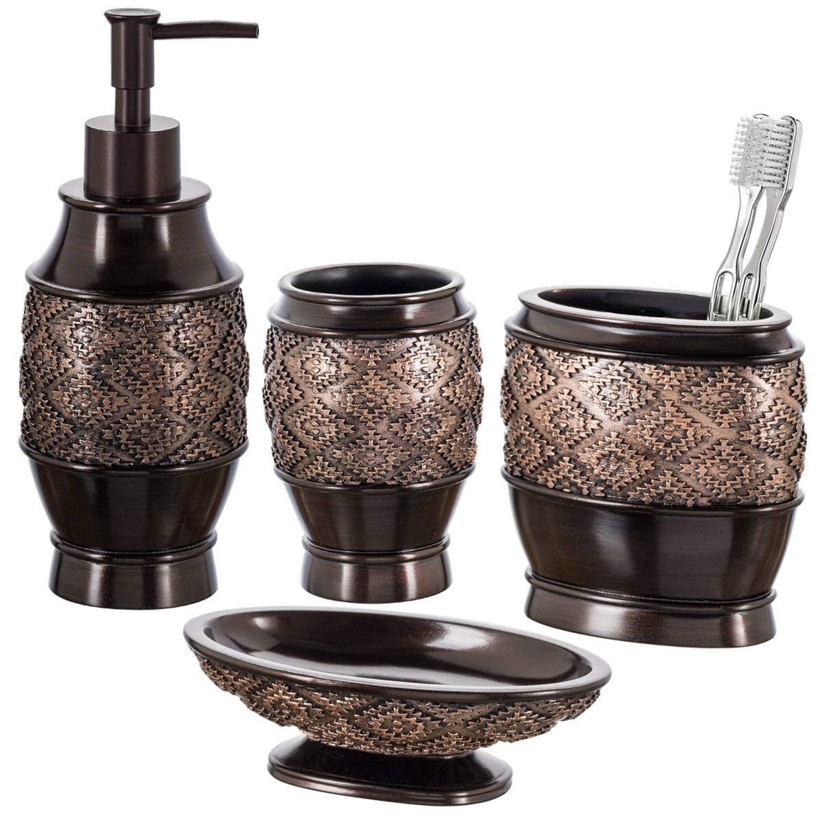 Bronze and Brown Resin 4-Piece Bathroom Accessory Set