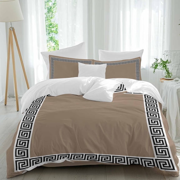 Brown Duvet Cover Set California King Size Greek Chinese Style Border Geometric Soft Lightweight Comforter Covers 4 Piece Bedding Set with 1 Duvet Cover 1 Bed Sheet & 2 Pillow Shams