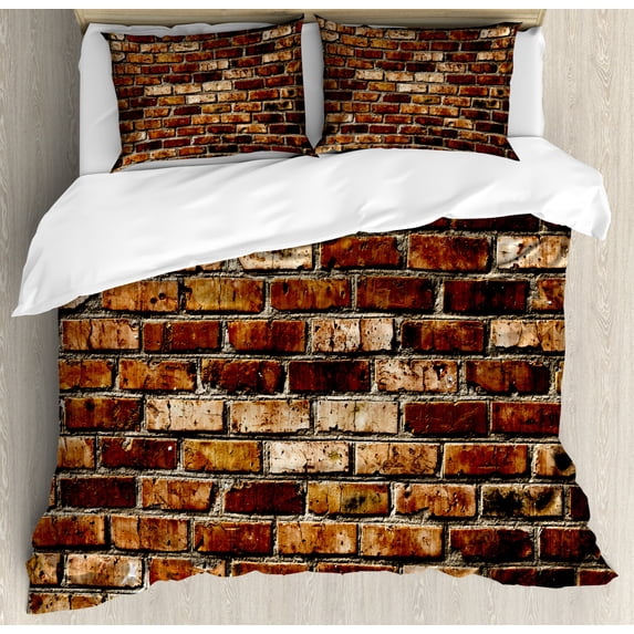Brown Duvet Cover Set King Size, Old Grunge Brick Wall Aging Construction Rustic Home Structure Dirty Facade, Decorative 3 Piece Bedding Set with 2 Pillow Shams, Brown Chesnut Brown, by Ambesonne
