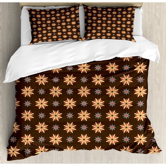 Brown Duvet Cover Set, Spring Summer Time Orange Flowers Kitchen Living Room Design Art Print, Decorative 3 Piece Bedding Set with 2 Pillow Shams, Queen Size, Dark Brown Vermilion, by Ambesonne