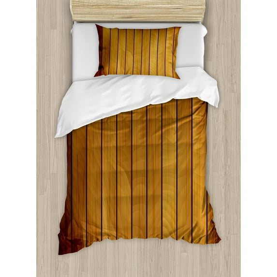 Brown Duvet Cover Set, Wooden Plank Texture Tree Timber Floor Vintage Style Natural Illustration, Decorative 2 Piece Bedding Set with 1 Pillow Shams, Twin Size, Dark Brown Pale Brown, by Ambesonne