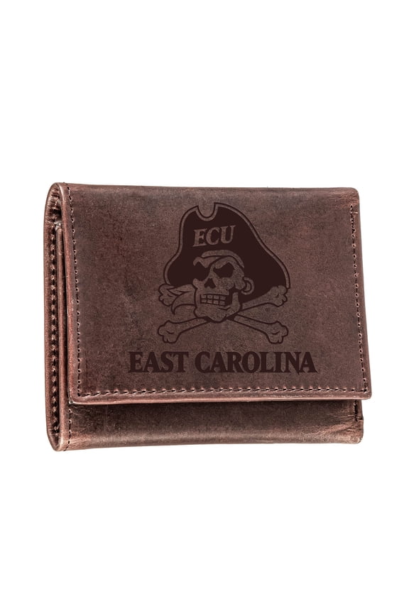 Brown ECU Pirates Leather Tri-Fold Wallet
