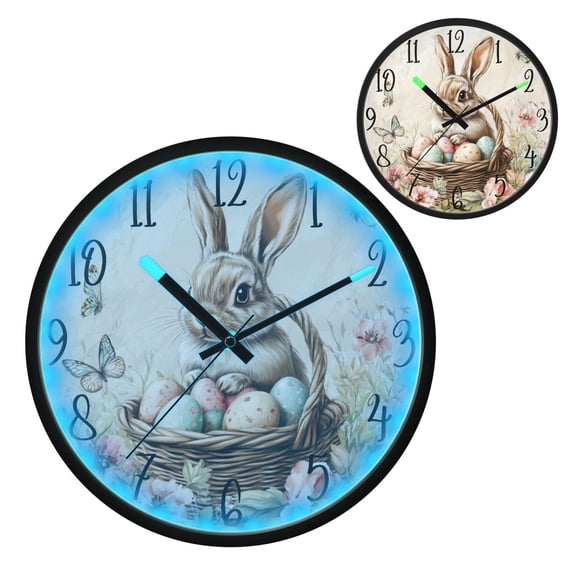 Brown Easter Bunny Luminous Wall Clock with Sound-Activated LED 12-Inch Silent Acrylic Timepiece for Bedroom Livingroom or Office