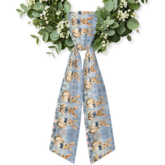 Brown Easter Bunny Wreath Sash for Front Door, Spring Floral Blue Wreath Bow Holiday Garland Ribbon Wreath Accessories for Home Yard Porch Doorway Fall Christmas Decorations Gifts
