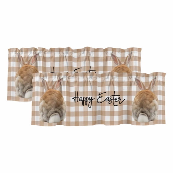 Brown Easter Curtain Valances for Windows, Kitchen Valance Window Treatments Panel 2 Pack, Spring Watercolor Bunny Plaid Checkered Rod Pocket Short Curtains for Bathroom Bedroom 54 x 18 Inch