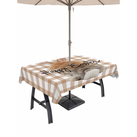 Brown Easter Outdoor Tablecloth - 54x80 Inch Rectangle Dining Table Cover, Spring Watercolor Bunny Plaid Checkered Waterproof Outdoor Table Cloth with Umbrella Hole & Zipper for Picnic/Patio/Party
