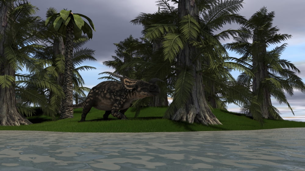 Brown Einiosaurus grazing on the waters edge Canvas Art - Kostyantyn IvanyshenStocktrek Images (19 x 11)