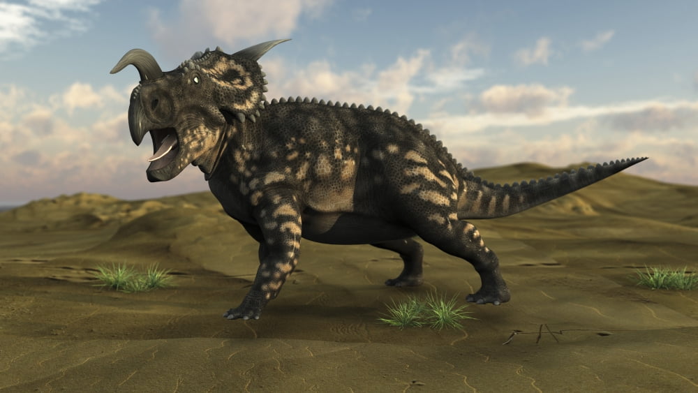 Brown Einiosaurus walking across a barren landscape Canvas Art - Kostyantyn IvanyshenStocktrek Images (38 x 22)