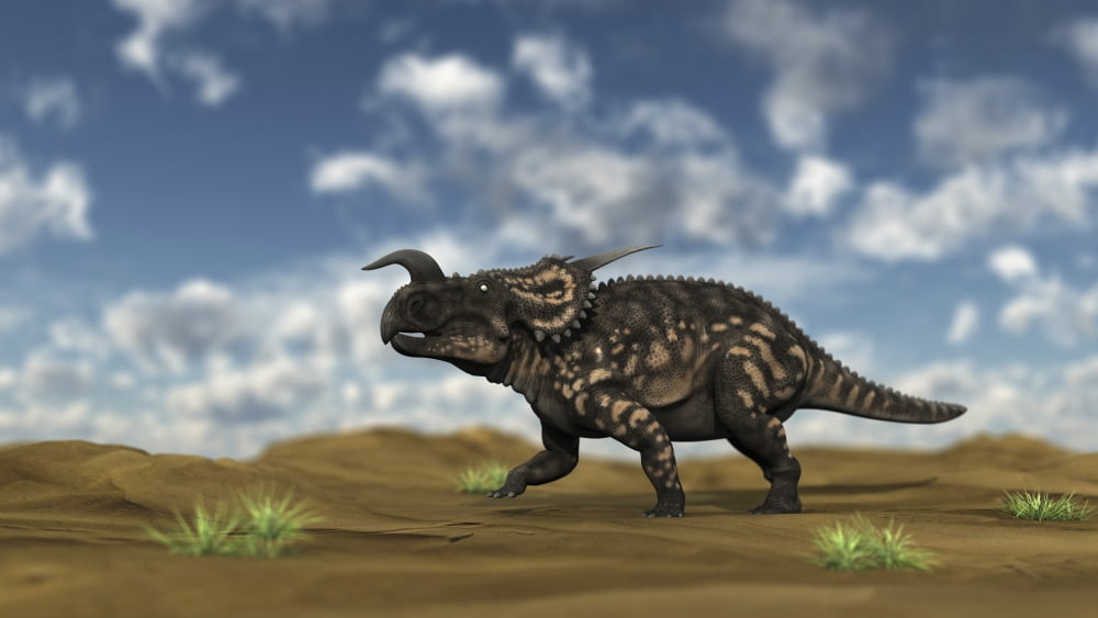 Brown Einiosaurus walking across a barren landscape Canvas Art - Kostyantyn IvanyshenStocktrek Images (38 x 22)