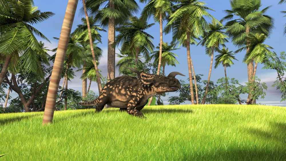 Brown Einiosaurus walking across a grassy field Canvas Art - Kostyantyn IvanyshenStocktrek Images (38 x 22)