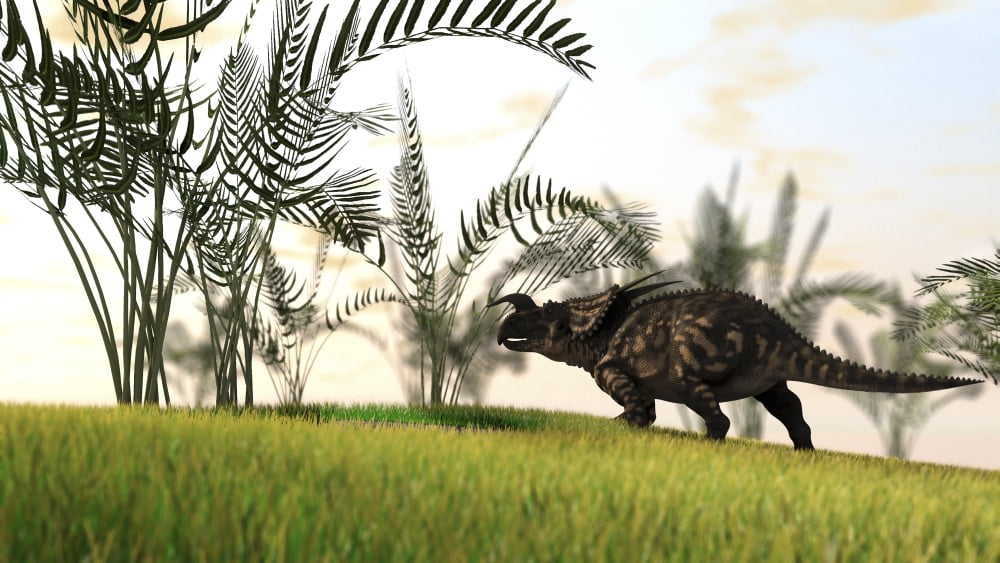 Brown Einiosaurus walking in a field Canvas Art - Kostyantyn IvanyshenStocktrek Images (38 x 22)