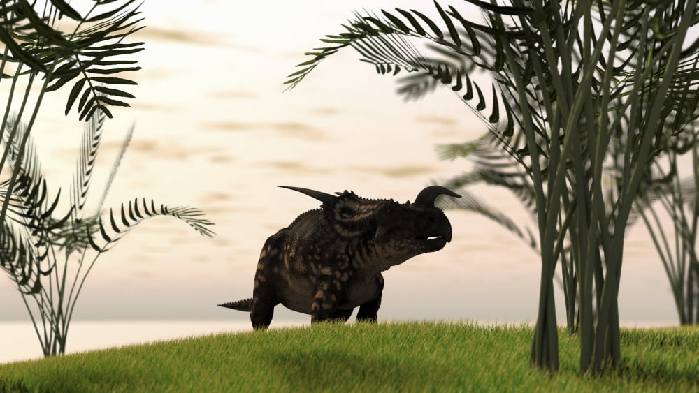 Brown Einiosaurus walking in a field Canvas Art - Kostyantyn IvanyshenStocktrek Images (38 x 22)