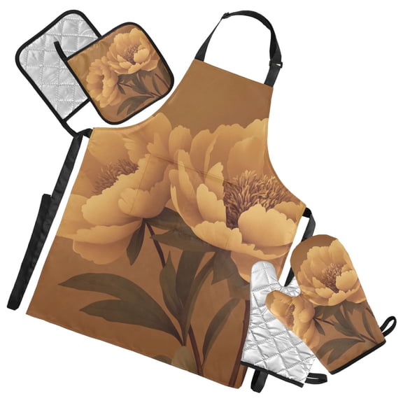 Brown Elegant Peony Oven Mitts and Pot Holders with Chef Apron Set 5 Pcs Kitchen Cooking Set
