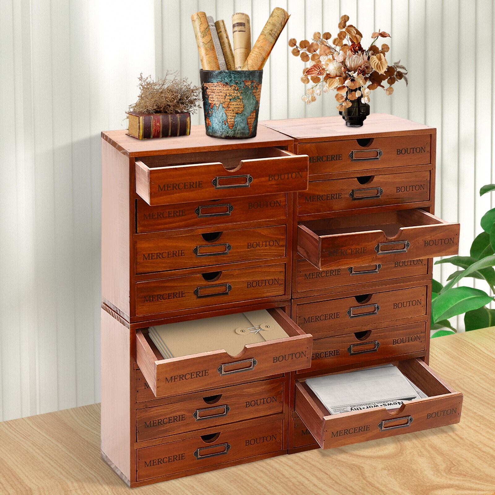 Brown Elegant Wooden File Cabinet with 16 Compartments 4-Slot Large Storage Box Cabinet for restaurants, classrooms