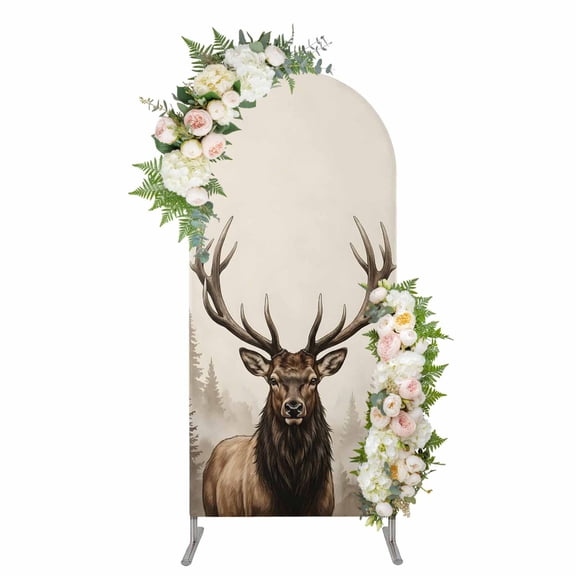 Brown Elk Arch Backdrop Cover 5FT, Farm Pine Forest Tree Wildlife Rustic Spandex Fitted Stretchy Arch Stand Covers, Round Top Chiara Backdrop Cover for Wedding Party Birthday Baby Shower