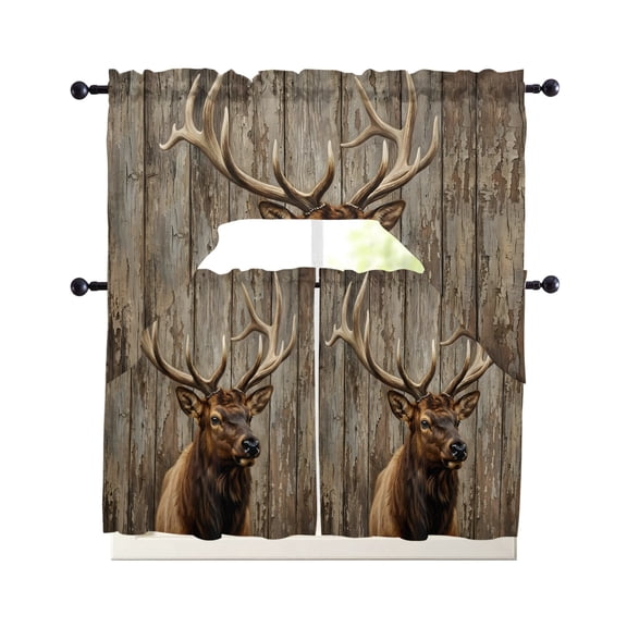 Brown Elk Kitchen Curtains Sets 36 Inch Length with Valance, Farmhouse Animals Lodge Cabin Vintage Swag Valances and Tiers Curtain Set Drapes Swag Curtains for Living Room, Bathroom, Bedroom, Cafe