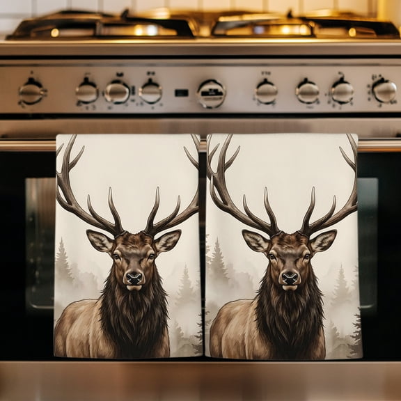 Brown Elk Kitchen Towels Set of 4, Farm Pine Forest Tree Wildlife Rustic Absorbent Dish Towels for Kitchen, Microfiber Hand Towel, Quick Drying Tea Towel for Cleaning Decorative Dishcloths