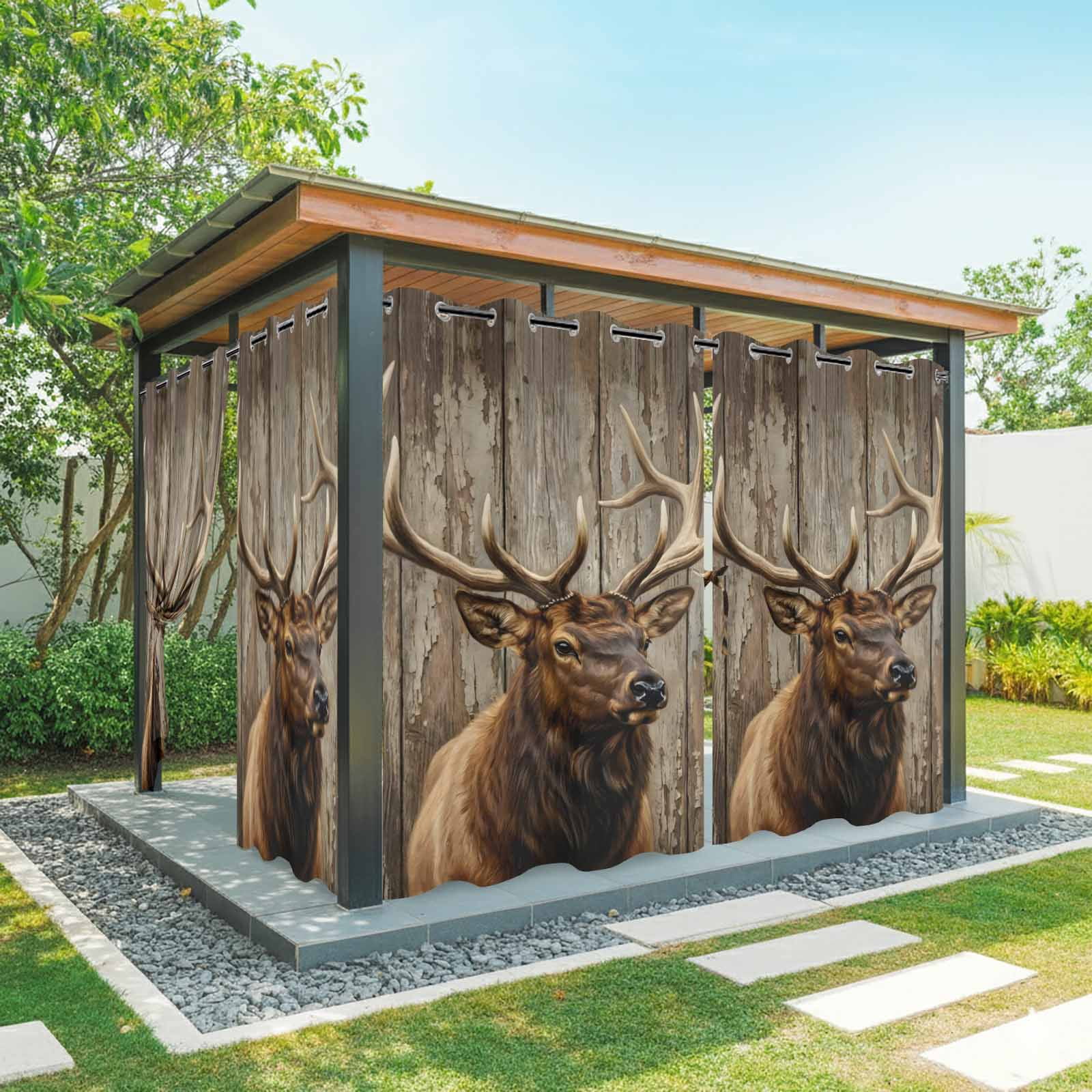 Brown Elk Outdoor Curtains for Patio, Farmhouse Animals Wood Grain Background Vintage Sunshade Privacy Drapes Grommet Waterproof Outside Curtains for Porch/Cabana/Balcony 54"x 108", 1 Panel