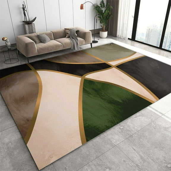 Brown Emerald Green Block Area Rug, Luxurious Black Gold Geometric Stripes Indoor Rugs, with Anti-Slip Easy Clean Carpet for Living Room Bedroom Kitchen Dining Room Home Office-2x3ft