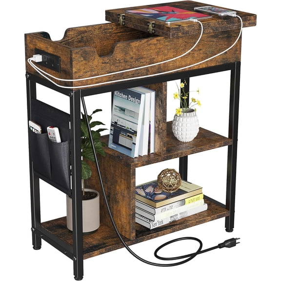 Brown End Table with Charging Station, Flip Top Side Table with USB Ports, Outlets & Storage Shelf for Bedroom