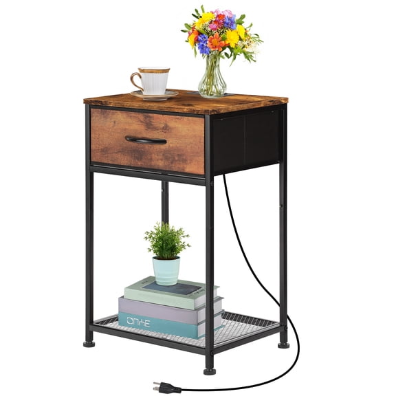 Brown End Table with Charging Station, Modern Single Nightstand with Fabric Drawer & Mesh Shelf, Compact Side Table for Bedroom Living Room