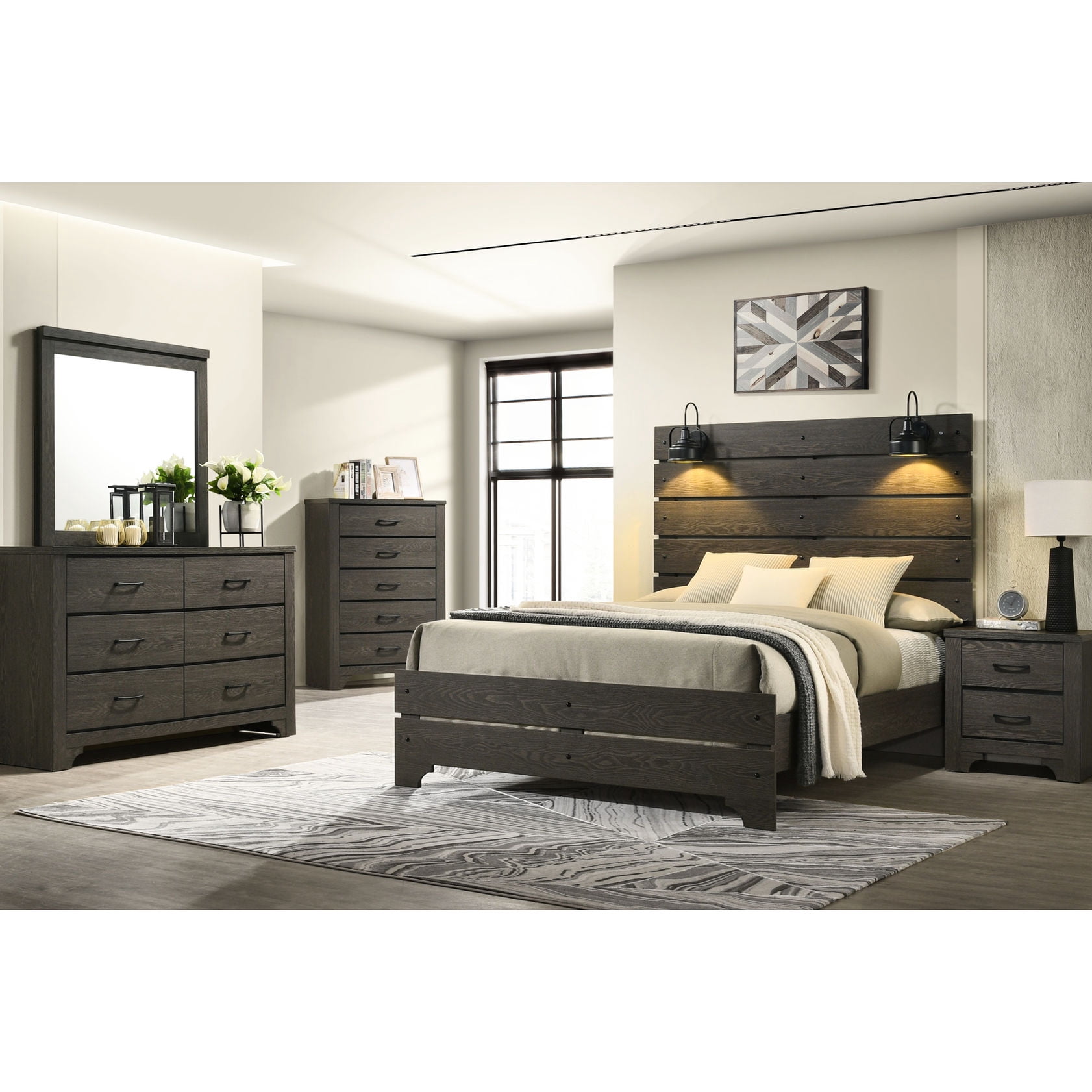 Brown Engineered Wood Bed, Full Size with Lights | Easy Assembly ...