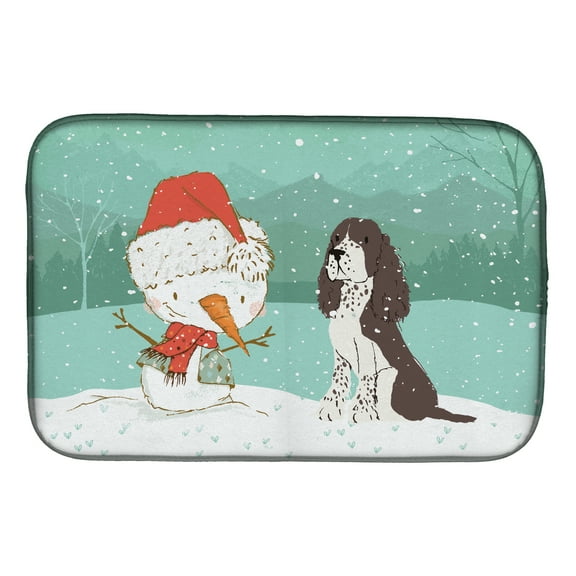 Brown English Springer Spaniel Snowman Christmas Dish Drying Mat